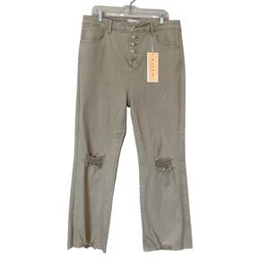 Risen High Rise Button Fly Ankle Straight Pants Jeans Khaki Tan Distressed 2XL